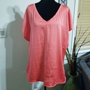 Women's V-Neck Satin Style Blouse in Coral